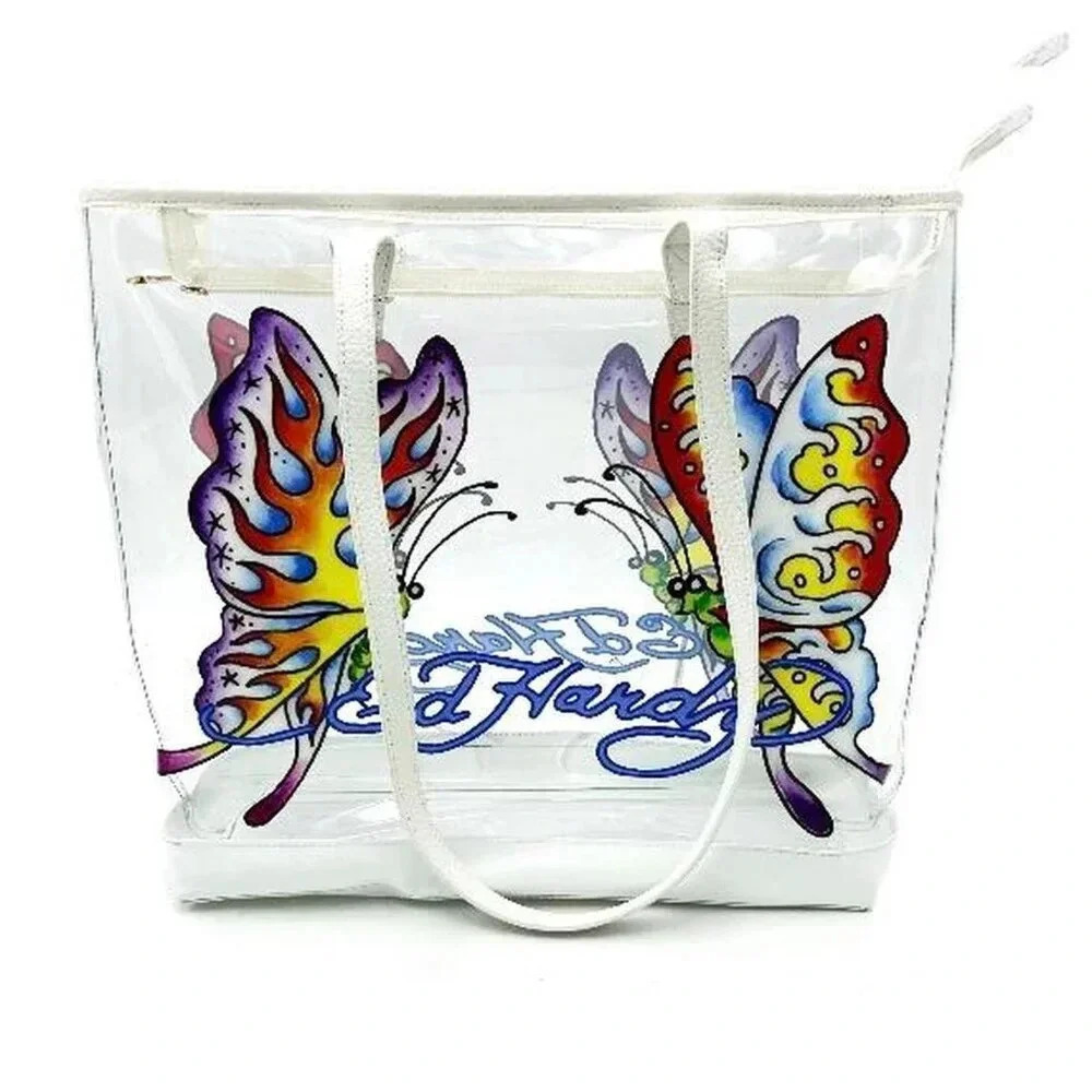 NWT Ed Hardy Butterfly Graphic Vintage Y2K Clear Festival Large Tote Bag - Picture 4 of 5